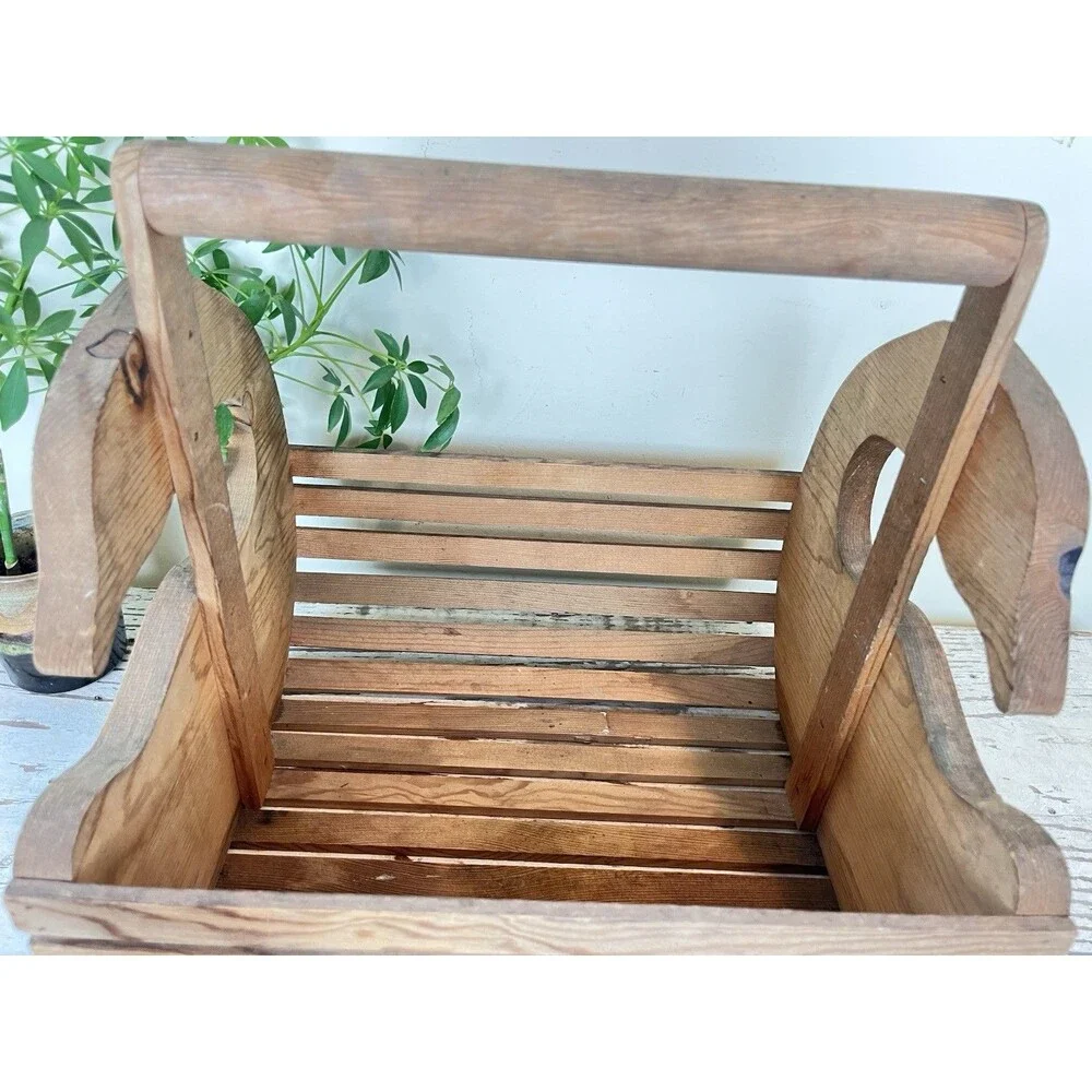 Vintage Solid Wood Slatted Goose Magazine Blanket Basket W/ Handle Cottage Decor